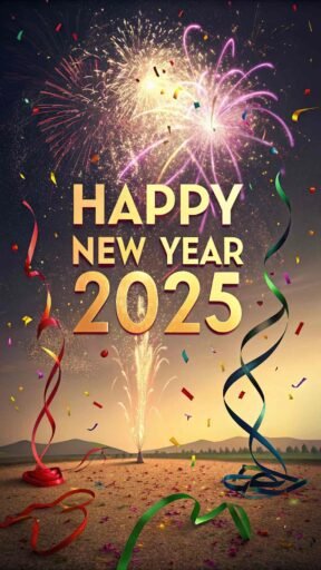 Picture of happy new year 2025 with a confetti explosion and big, bold text.