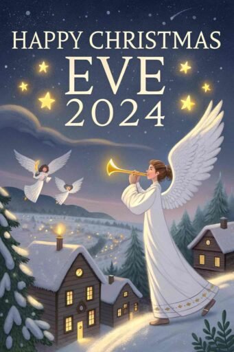 Angelic figures with glowing white "Happy Christmas Eve 2024" text in the snowy sky.