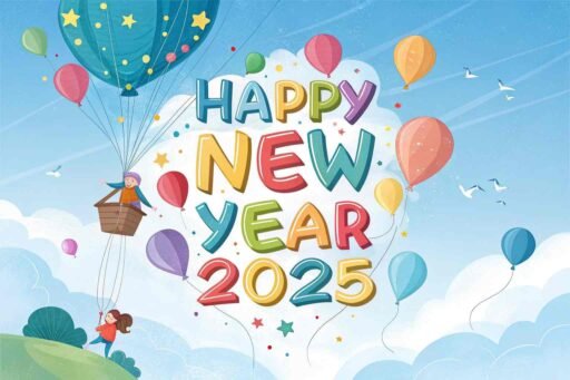 A sky-and-balloons-themed happy new year 2025 free image with vibrant bold text.