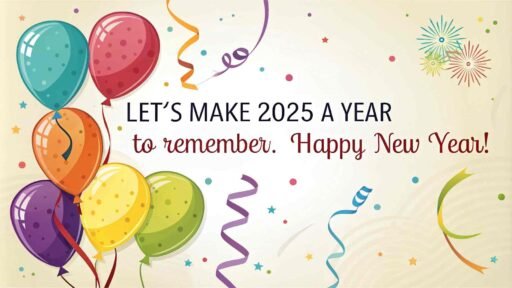 A happy new year 2025 wish image with quote featuring balloons, streamers, and a joyful New Year message.