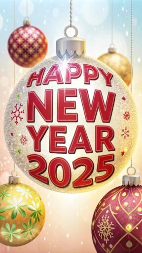 An ornament-themed happy new year 2025 free image with festive, bold text.