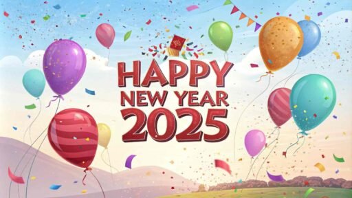 A cheerful balloons-and-confetti happy new year 2025 free image with big, clear text.