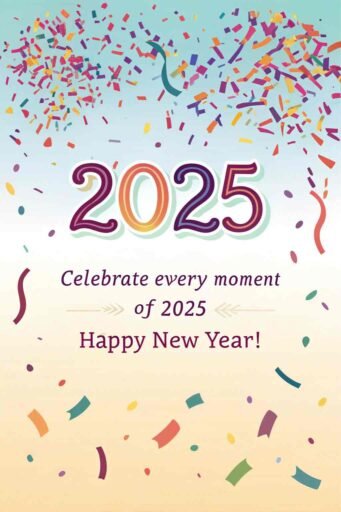 A happy new year 2025 wish image with quote featuring a festive confetti scene and a joyful greeting.