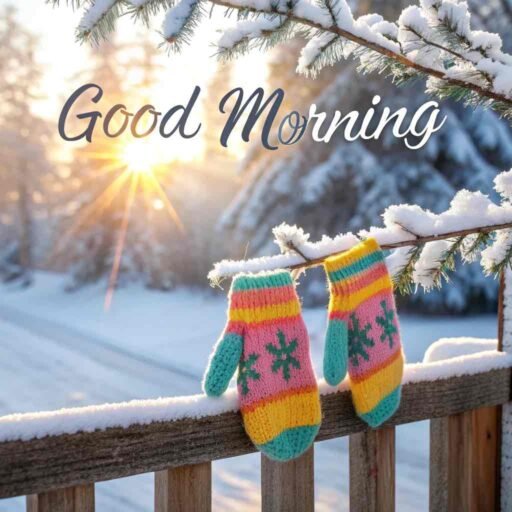 A vibrant good morning winter image featuring cheerful winter mittens.