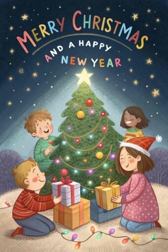 A heartwarming image of Merry Christmas and a Happy New Year showing children unwrapping gifts near a decorated tree.