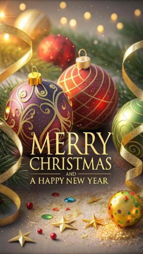 A festive image of Merry Christmas and a Happy New Year with shiny ornaments, ribbons, and sparkles bringing holiday cheer.