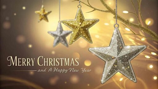 A festive image of Merry Christmas and a Happy New Year with glittering star-shaped decorations and holiday sparkle.