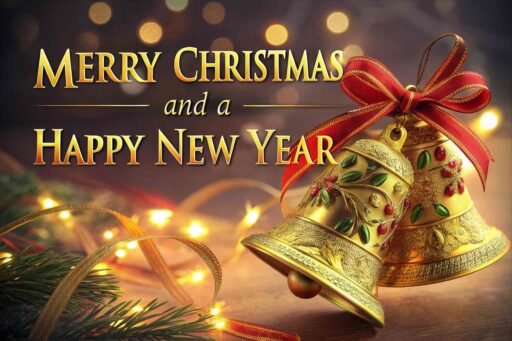 A sparkling image of Merry Christmas and a Happy New Year featuring golden bells and festive ribbons in a glowing background.