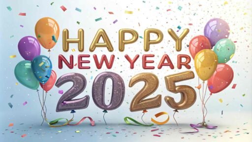 Picture of happy new year 2025 with colorful balloons and bold, shiny metallic text.