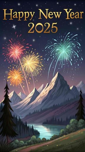 Picture of happy new year 2025 with fireworks over mountains and bold golden text.