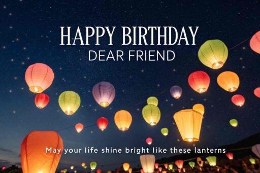 Light up the night with images of happy birthday dear friend, featuring floating lanterns that carry your warm birthday wishes.