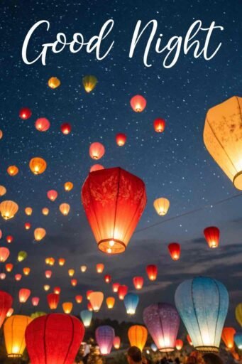 A good night cute image featuring glowing lanterns and dreamy stars in a serene setting.