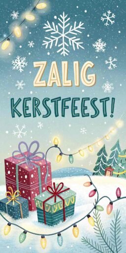 A joyful greeting card with "Merry Christmas in Dutch" as "Zalig Kerstfeest!" surrounded by snowflakes, Christmas gifts, and colorful lights.