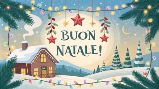 A festive card with "Merry Christmas in Italian" written as "Buon Natale!" in large, bold letters, surrounded by Christmas decorations, stars, and twinkling lights.