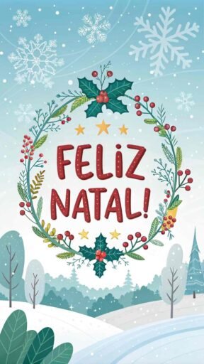 A festive and colorful card with "Merry Christmas in Portuguese" as "Feliz Natal!" in bold letters, surrounded by wreaths, holly, and snow.