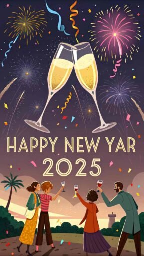 A festive champagne toast with "happy new year 2025 hd image" in shining bold text.