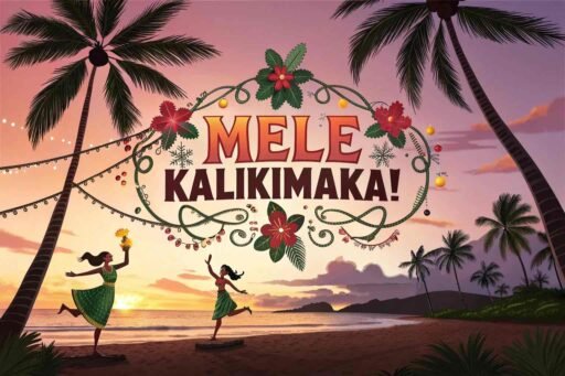 This fun greeting card features "Merry Christmas in Hawaiian" as "Mele Kalikimaka!" in bright letters, set against a background of a beach sunset and Christmas decorations.