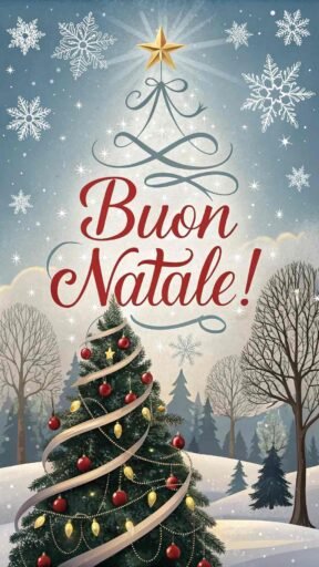 Create a Christmas greeting card with "Buon Natale!" in bold letters. Surround it with snowflakes, ribbons, and a beautifully decorated Christmas tree.