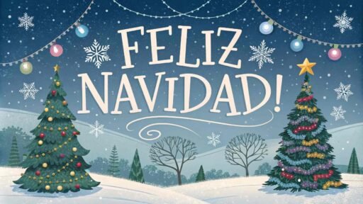 This beautiful greeting card features "Merry Christmas in Spanish" written as "¡Feliz Navidad!" in bold letters, surrounded by a festive Christmas theme with snowflakes, a decorated tree, and twinkling lights.