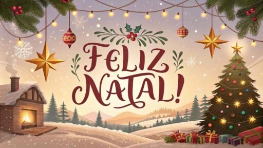 A lovely greeting card with "Merry Christmas in Portuguese" as "Feliz Natal!" in clear, elegant letters, with Christmas decorations, stars, and twinkling lights.