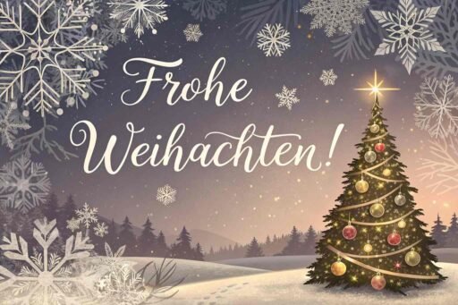 This Christmas card features "Merry Christmas in German" as "Frohe Weihnachten!" written in elegant letters with a snowy background, a decorated tree, and twinkling lights.