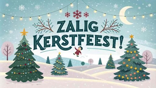 A cheerful greeting card with "Merry Christmas in Dutch" as "Zalig Kerstfeest!" in bold, vibrant letters, surrounded by Christmas trees and twinkling lights.