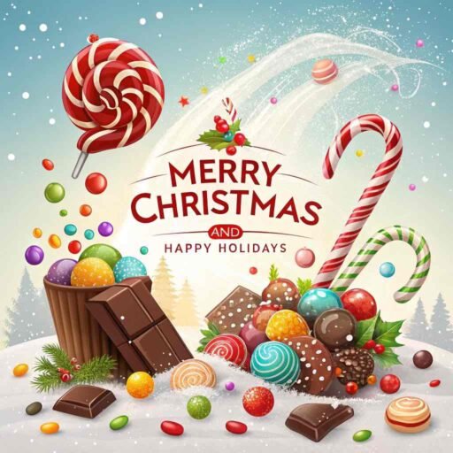 A sweet "merry christmas and happy holidays image" featuring colorful candies and bold holiday text