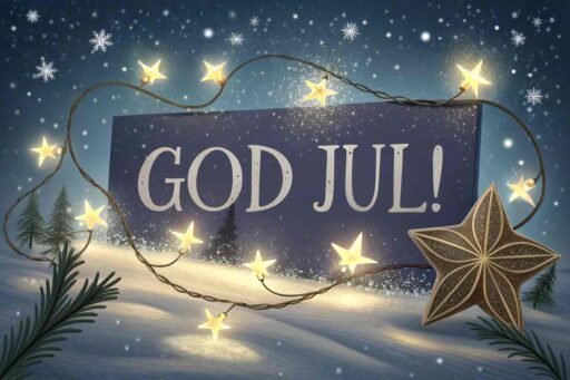 A cheerful card with "Merry Christmas in Swedish" as "God Jul!" in elegant letters, surrounded by Christmas lights, stars, and a snowy background.