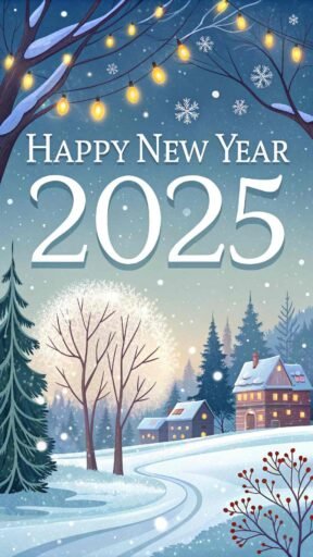 A beautiful snow-covered winter scene with "happy new year 2025 hd image" in bold white text.