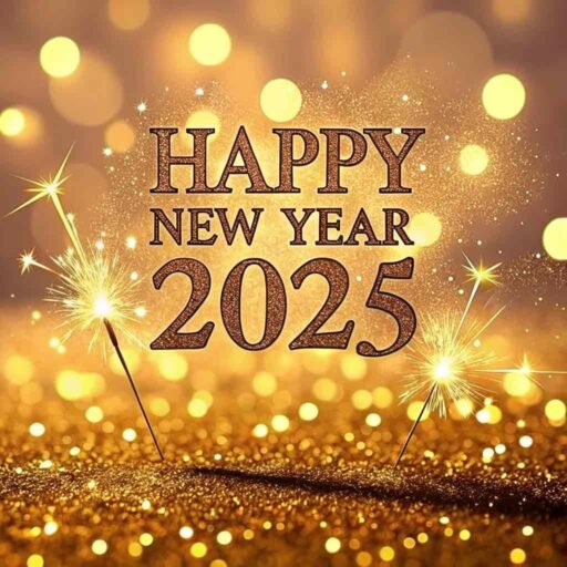 A sparkling golden glitter background with "happy new year 2025 hd image" in bold glowing letters.