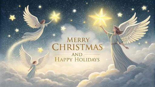 A celestial "merry christmas and happy holidays image" with angels and glowing text.