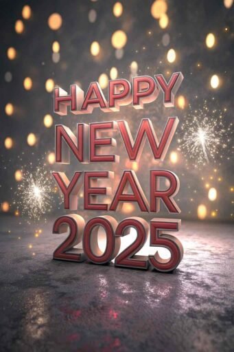 A modern and shiny 3D text effect with "happy new year 2025 hd image" as the centerpiece.