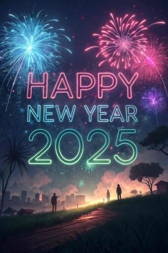 A colorful neon-style fireworks background with "happy new year 2025 hd image".