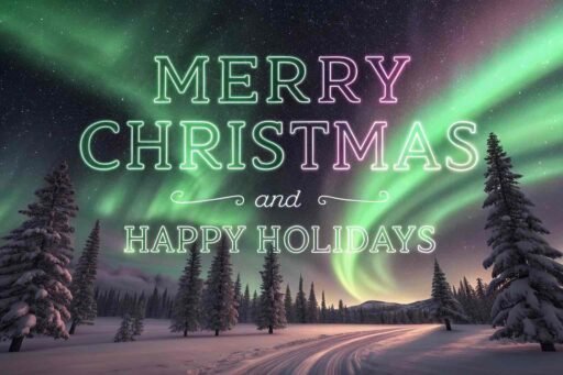 A magical "merry christmas and happy holidays image" featuring aurora lights and festive text.