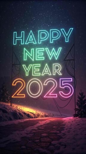 A retro neon celebration background with "happy new year 2025 hd image" in glowing neon text.