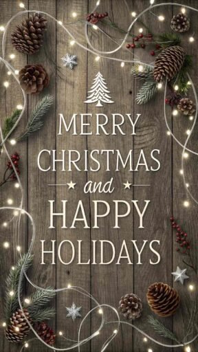 A warm "merry christmas and happy holidays image" with a rustic, cozy vibe and clear holiday text.