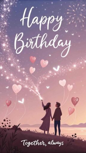 A magical birthday greeting filled with floating hearts. "Happy birthday" in bold letters with "You are the love of my life" below it.