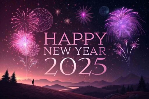 A vibrant pink and purple firework scene with "happy new year 2025 hd image" overlaid.