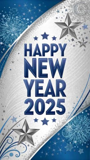 A cool, elegant silver-blue design with "happy new year 2025 hd image" in large font.