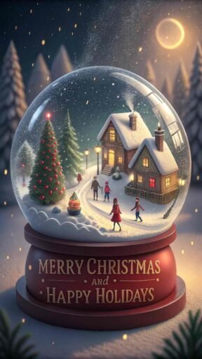 A magical "merry christmas and happy holidays image" featuring a snow globe and clear holiday text.