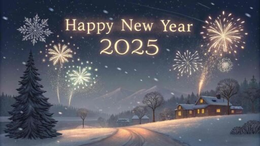 A snowy night with fireworks and "happy new year 2025 hd image" in illuminated bold typography.