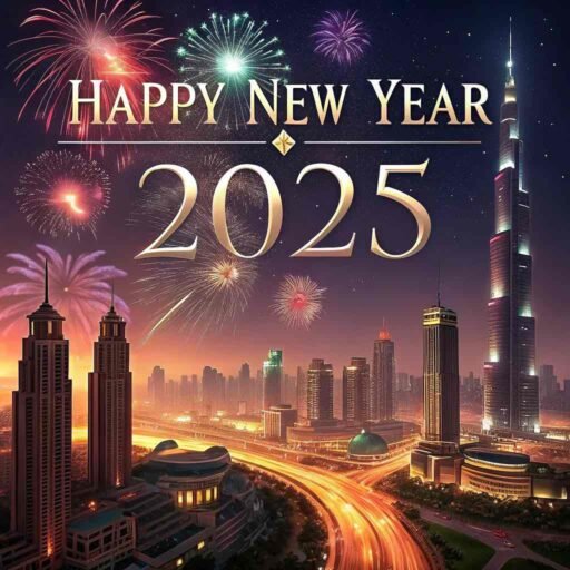 A festive city celebration scene with "happy new year 2025 hd image" and fireworks.