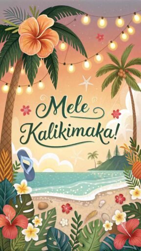 A tropical card featuring "Merry Christmas in Hawaiian" as "Mele Kalikimaka!" surrounded by tropical flowers, beach elements, and twinkling lights.
