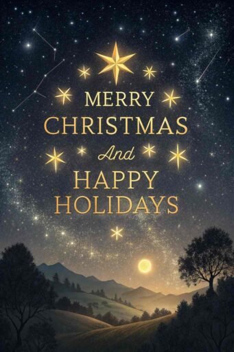 A sparkling "merry christmas and happy holidays image" featuring a starry night and big, bright text.