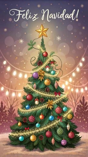 A festive and colorful Christmas card featuring "Merry Christmas in Spanish" written as "¡Feliz Navidad!" in elegant calligraphy with twinkling lights and a decorated tree.