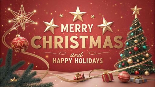 A "merry christmas and happy holidays image" with bold golden text on a red background, surrounded by festive elements like stars and ornaments.