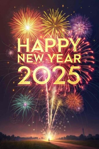 A bright, radiant firework explosion with "happy new year 2025 hd image".