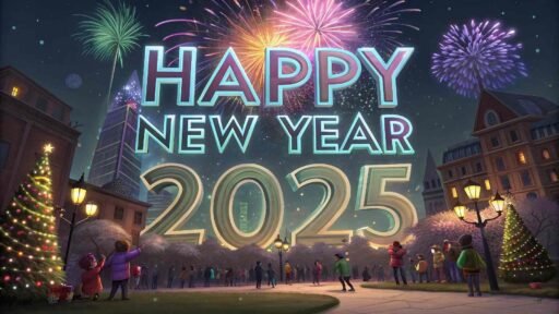 A dazzling fireworks display with "happy new year 2025 hd image" overlaid in big, illuminated letters.