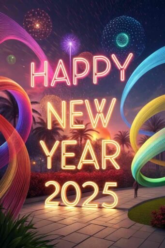 n abstract colorful light scene with "happy new year 2025 hd image" featured prominently.