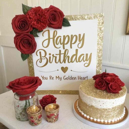 A luxurious birthday wish with gold glitter and roses. "Happy birthday" in big letters, with "You're my heart's treasure" written below.